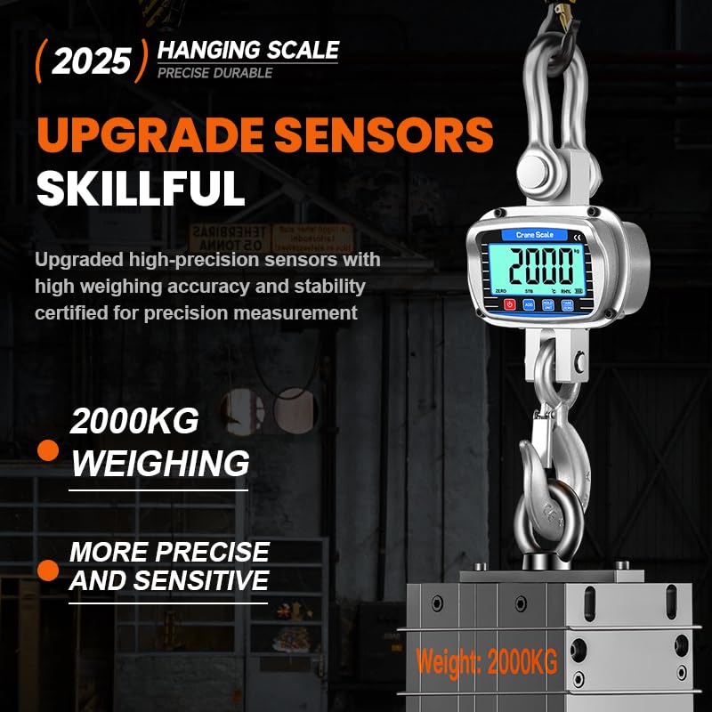 veco chajor Digital Crane Scale 6600 lbs/3000kg/3T Measurable Temperature and Humidity Industrial Heavy Duty Hanging Scale with Remote Control LCD Screen for Construction, Factory, Farm(Silver) - Image 5